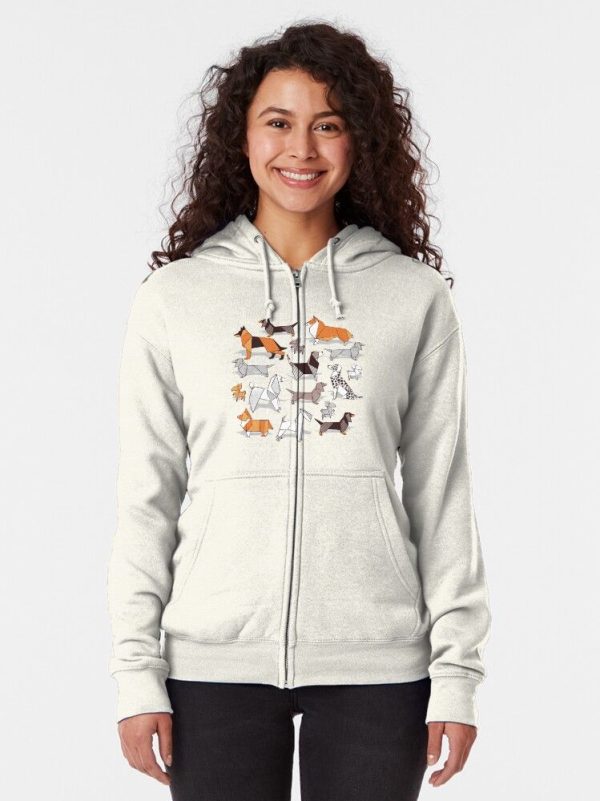 Origami doggie friends // grey linen texture background Zipped Hoodie