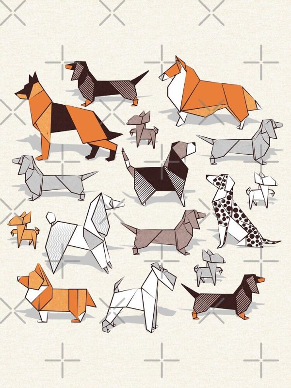 Origami doggie friends // grey linen texture background Zipped Hoodie - Image 2