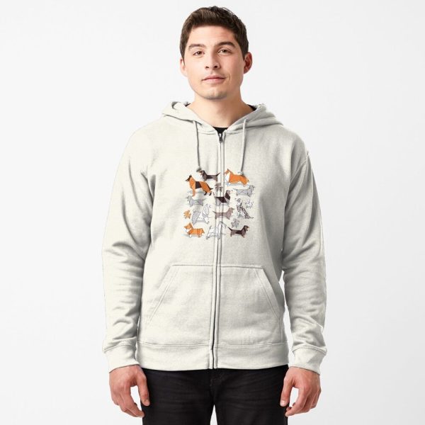 Origami doggie friends // grey linen texture background Zipped Hoodie - Image 3