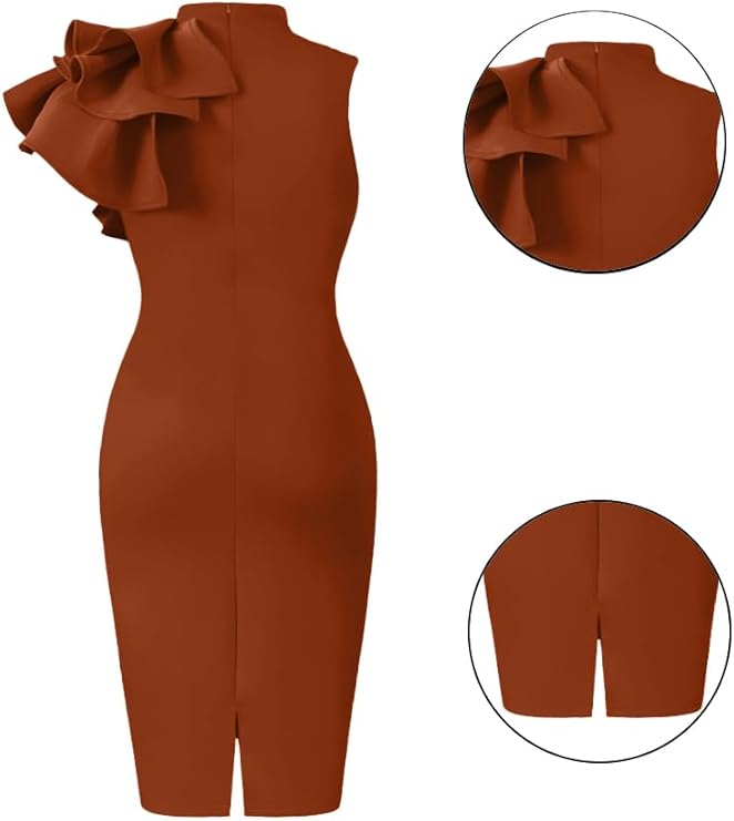 Women's Cocktail Bodycon Ruffle Sleeveless Formal Midi Pencil Dress - Image 3