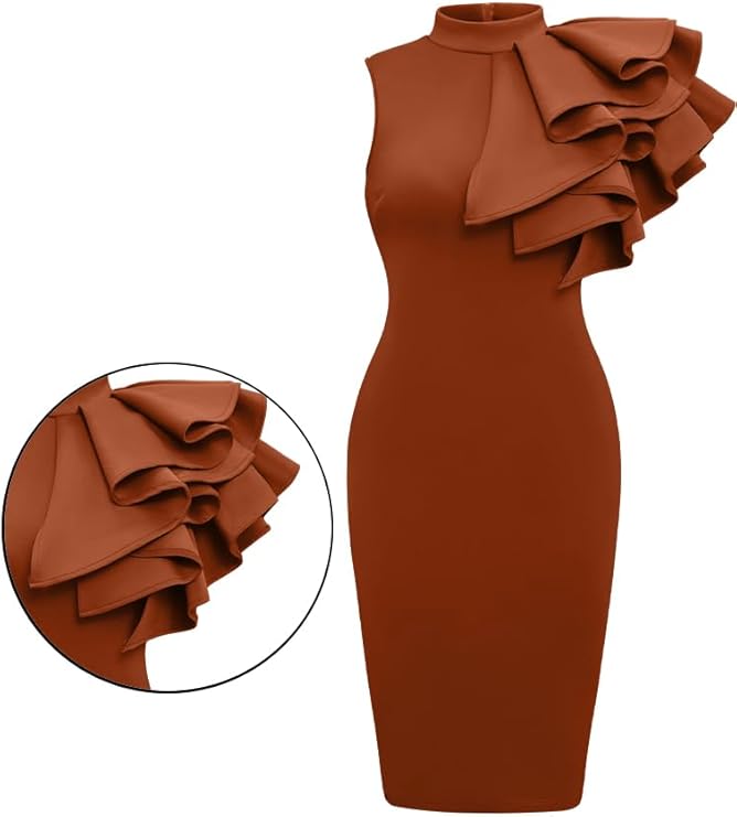 Women's Cocktail Bodycon Ruffle Sleeveless Formal Midi Pencil Dress - Image 2