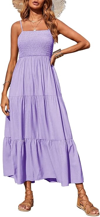 Women's Summer Maxi Dress 2025 Casual Boho Sleeveless Spaghetti Strap Smocked Tiered Long Beach Sundresses