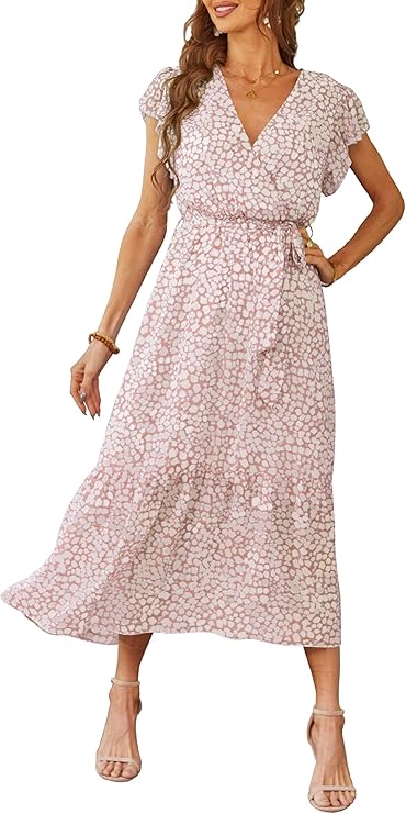 Women's Summer Floral Boho Maxi Dress Wrap Short Sleeve V Neck Ruffle A-Line Flowy Wedding Guest Long Dresses