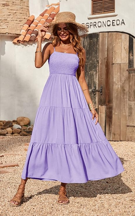 Women's Summer Maxi Dress 2025 Casual Boho Sleeveless Spaghetti Strap Smocked Tiered Long Beach Sundresses - Image 4