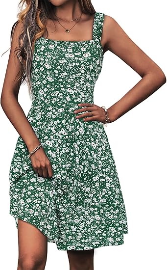 Women's Summer Casual Square Neck Dress with Pocket Cute Sleeveless High Waist A-line Sundress Midi Dresses