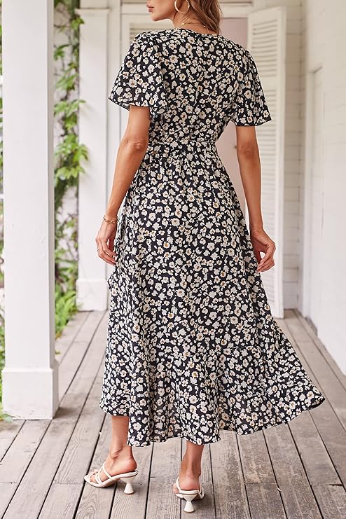 Women's Summer Floral Boho Maxi Dress Wrap Short Sleeve V Neck Ruffle A-Line Flowy Wedding Guest Long Dresses - Image 5