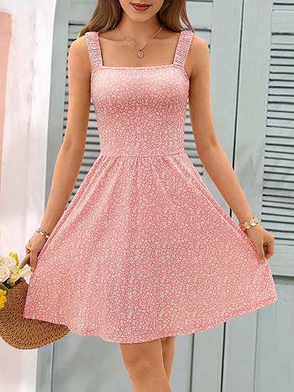 Women's Summer Casual Square Neck Dress with Pocket Cute Sleeveless High Waist A-line Sundress Midi Dresses