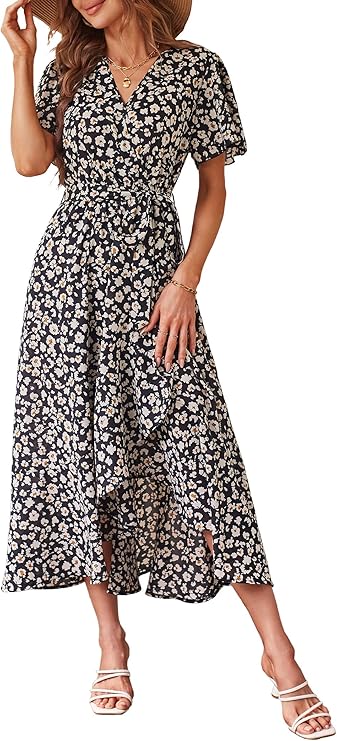 Women's Summer Floral Boho Maxi Dress Wrap Short Sleeve V Neck Ruffle A-Line Flowy Wedding Guest Long Dresses