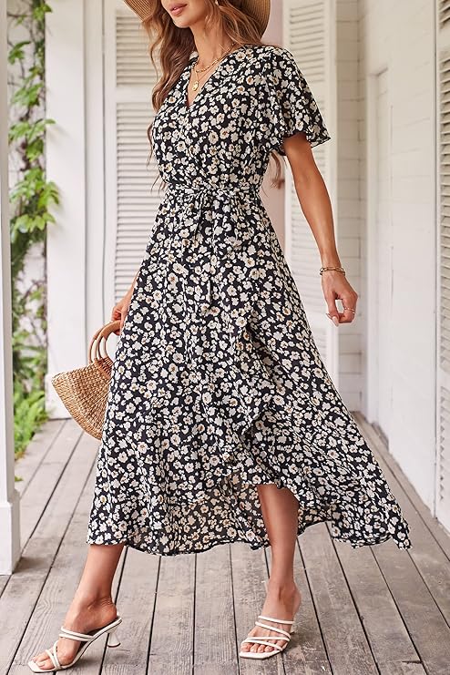 Women's Summer Floral Boho Maxi Dress Wrap Short Sleeve V Neck Ruffle A-Line Flowy Wedding Guest Long Dresses - Image 4