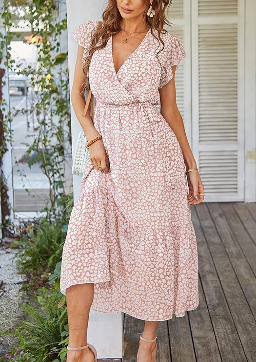 Women's Summer Floral Boho Maxi Dress Wrap Short Sleeve V Neck Ruffle A-Line Flowy Wedding Guest Long Dresses - Image 4