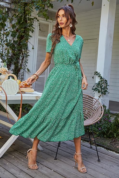 Women's Summer Floral Boho Maxi Dress Wrap Short Sleeve V Neck Ruffle A-Line Flowy Wedding Guest Long Dresses