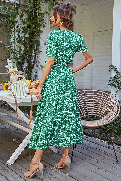 Women's Summer Floral Boho Maxi Dress Wrap Short Sleeve V Neck Ruffle A-Line Flowy Wedding Guest Long Dresses - Image 2