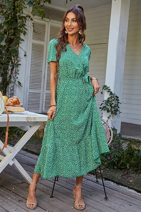 Women's Summer Floral Boho Maxi Dress Wrap Short Sleeve V Neck Ruffle A-Line Flowy Wedding Guest Long Dresses - Image 4