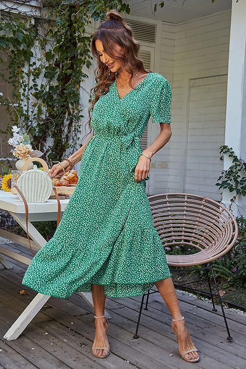 Women's Summer Floral Boho Maxi Dress Wrap Short Sleeve V Neck Ruffle A-Line Flowy Wedding Guest Long Dresses - Image 3