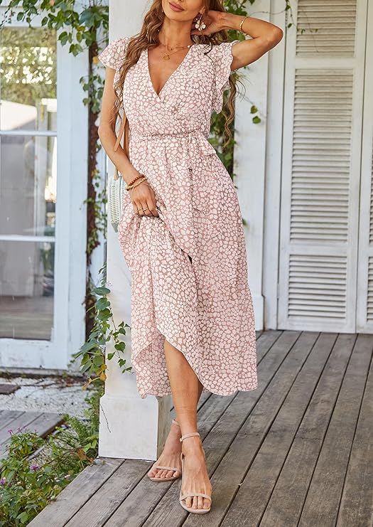 Women's Summer Floral Boho Maxi Dress Wrap Short Sleeve V Neck Ruffle A-Line Flowy Wedding Guest Long Dresses - Image 2