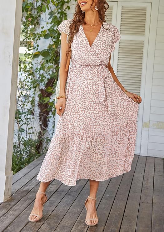 Women's Summer Floral Boho Maxi Dress Wrap Short Sleeve V Neck Ruffle A-Line Flowy Wedding Guest Long Dresses - Image 3